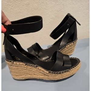 Franco Sarto Callia Wedge Espadrille Sandals Womens Black Leather Size 8